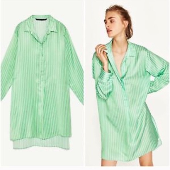 Zara Tops - ZARA green striped oversized shirt/dress,XS!NWT